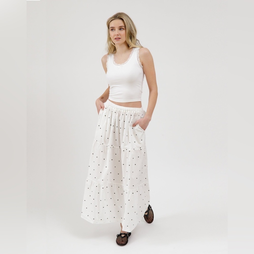Brunette the Label Poplin Tiered Skirt in White Polka Dot – Size M/L – NWT